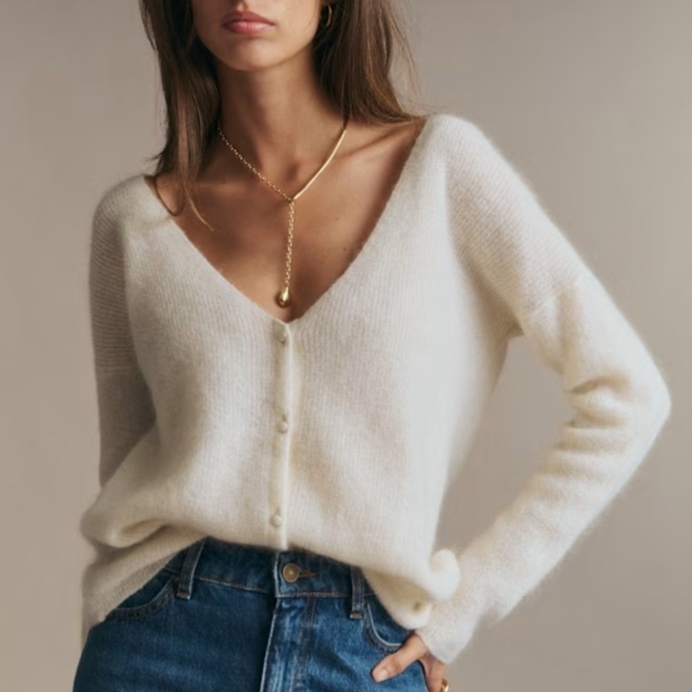 Sezane Barry Cardigan Women XS Ecru Mohair Alpaca Blend Reversible Knit Sweater